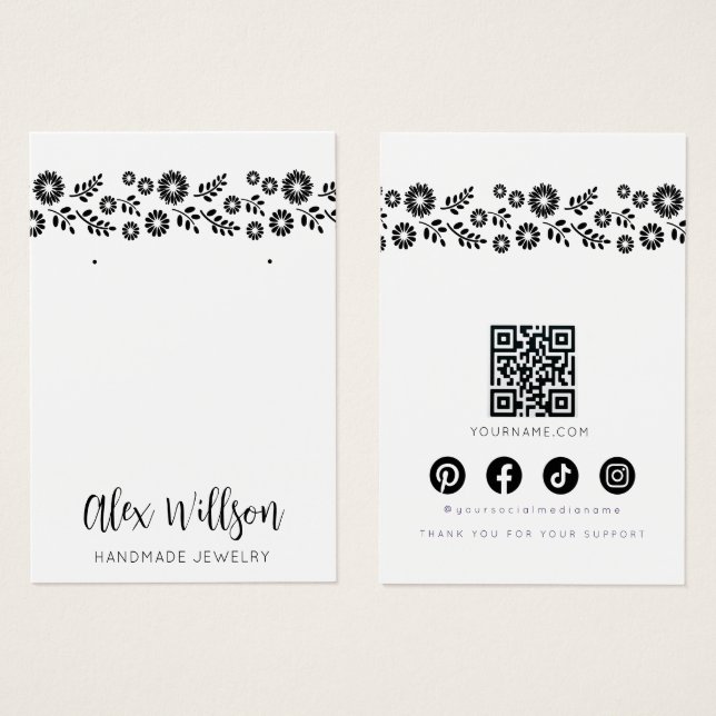 Boho Retro Black Daisy Floral Jewelry Display Card (Front & Back)