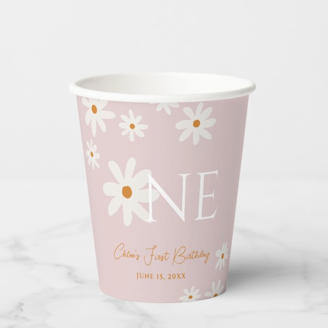 Boho Retro Blush Pink Daisy First Birthday Paper Cups (Front)