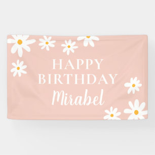 Boho Retro Blush Pink Daisy Floral Happy Birthday Banner
