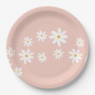 Boho Retro Blush Pink Daisy Floral Paper Plate