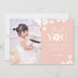 Boho Retro Blush Pink Daisy Girl Birthday Photo Thank You Card