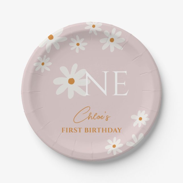 Boho Retro Blush Pink Daisy Girl First Birthday Paper Plate (Front)