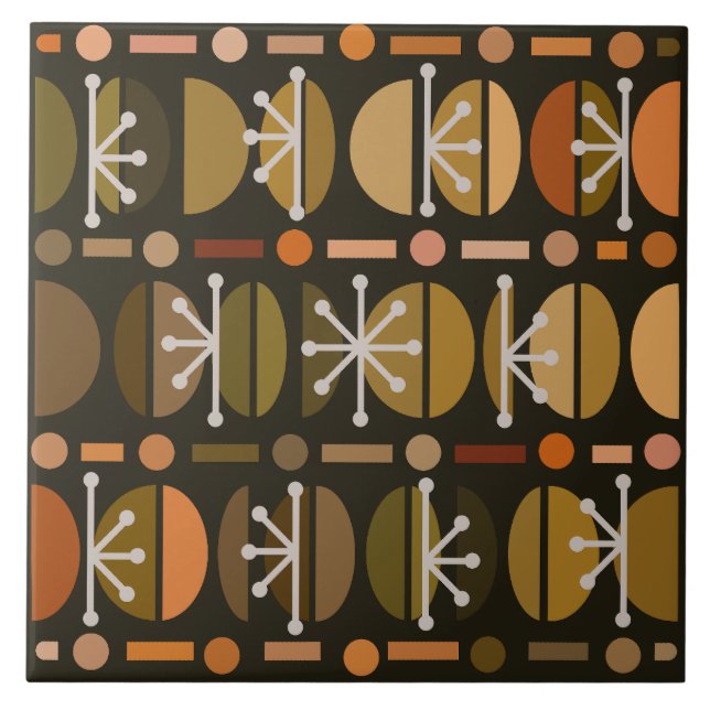 Boho Retro Bowls Lines Dark Earth Tones Tile (Front)