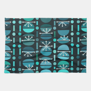 Boho Retro Bowls Lines Teal Kitchen Towel