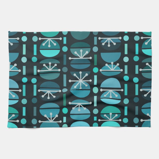 Boho Retro Bowls Lines Teal Kitchen Towel (Horizontal)