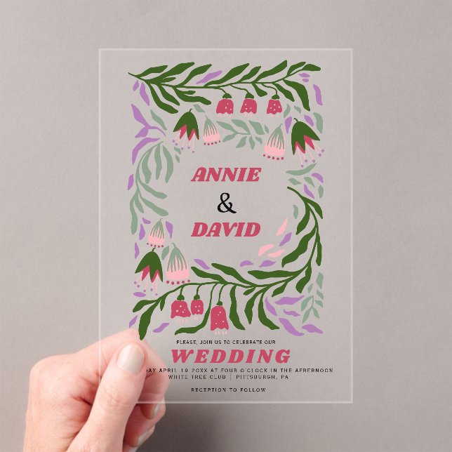 Boho retro branches and folklore flowers wedding acrylic invitations (Insitu (Handheld))
