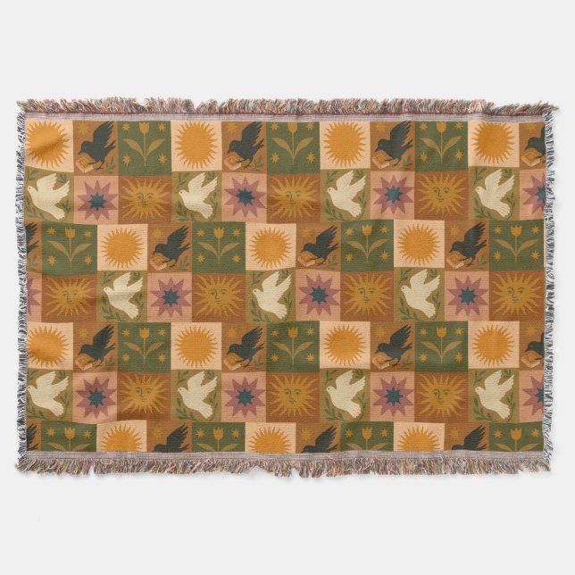 Boho Retro Celestial Sun Moon  Throw Blanket (Front)