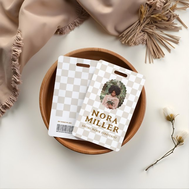 Boho Retro Chequered Pattern Photo ID Barcode Badge (Boho Retro Checkered Pattern Photo ID Barcode Badge)