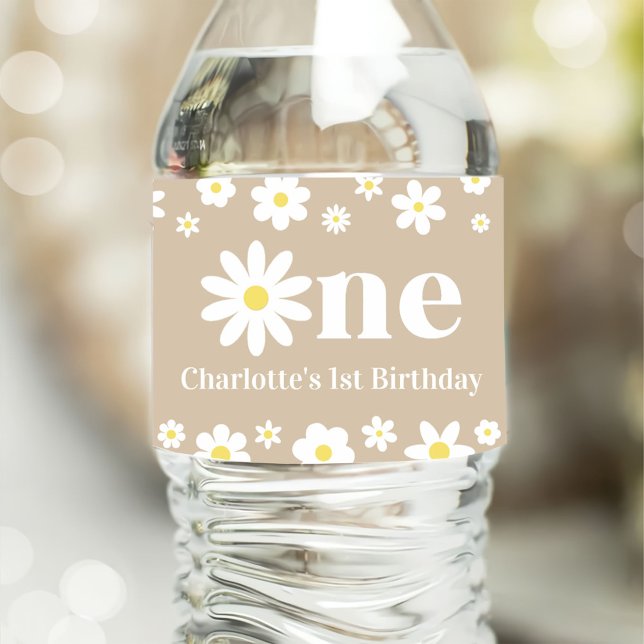 Boho Retro Daisy 1st Birthday Water Bottle Label (Creator Uploaded)