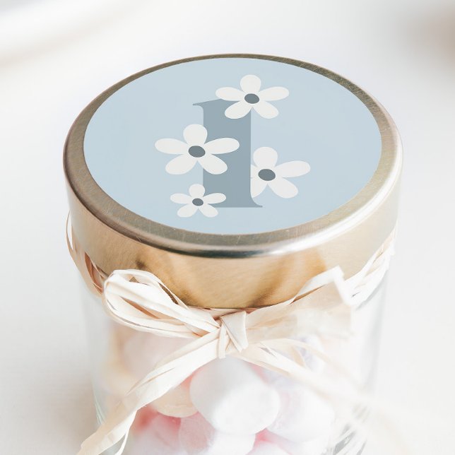 Boho Retro Daisy 1st Blue Groovy Birthday  Classic Round Sticker (Creator Uploaded)