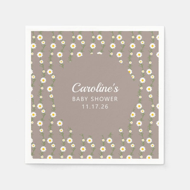 Boho Retro Daisy Floral Taupe Custom Baby Shower Napkin (Front)
