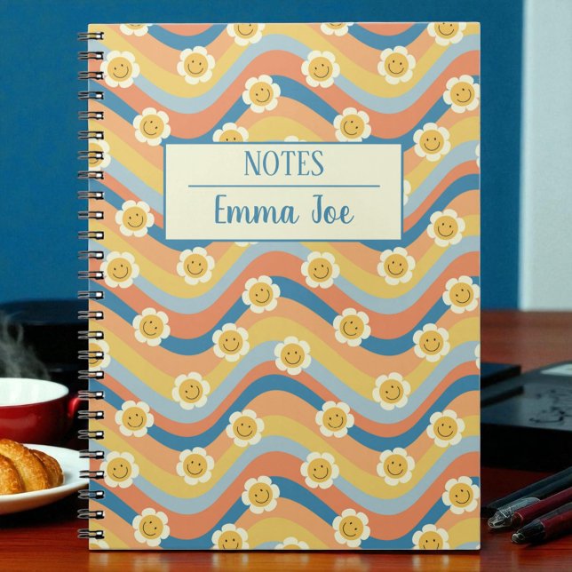 Boho Retro Daisy Flowers Personalized with Name Notebook (Creator Uploaded)