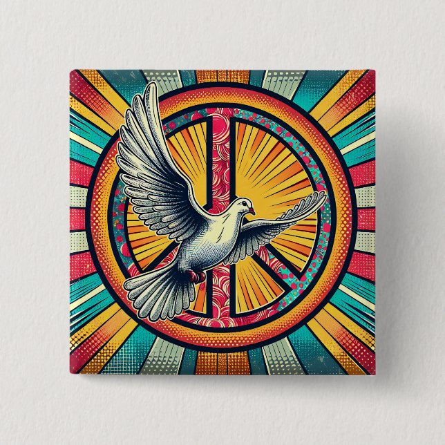 Boho Retro Dove and Peace Sign 2 Inch Square Button (Front)