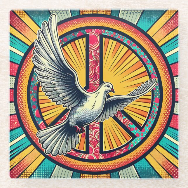 Boho Retro Dove and Peace Sign Glass Coaster (Front)