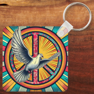 Boho Retro Dove and Peace Sign Keychain