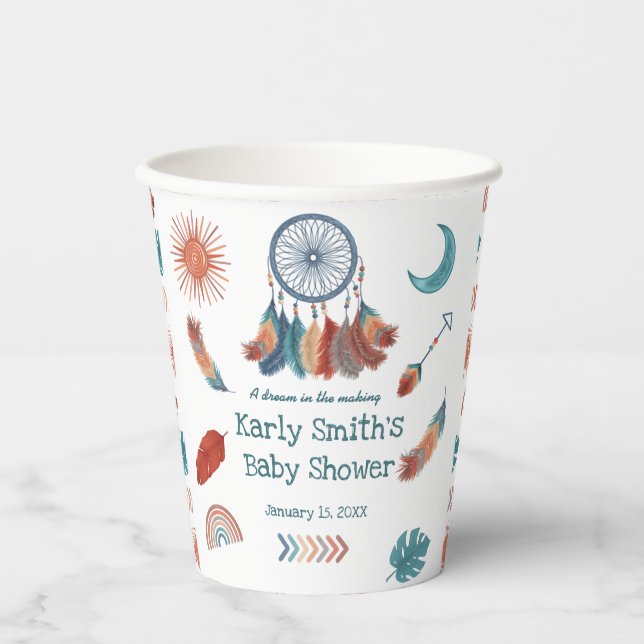 Boho Retro Dreamcatcher Baby Shower Paper Cups (Front)