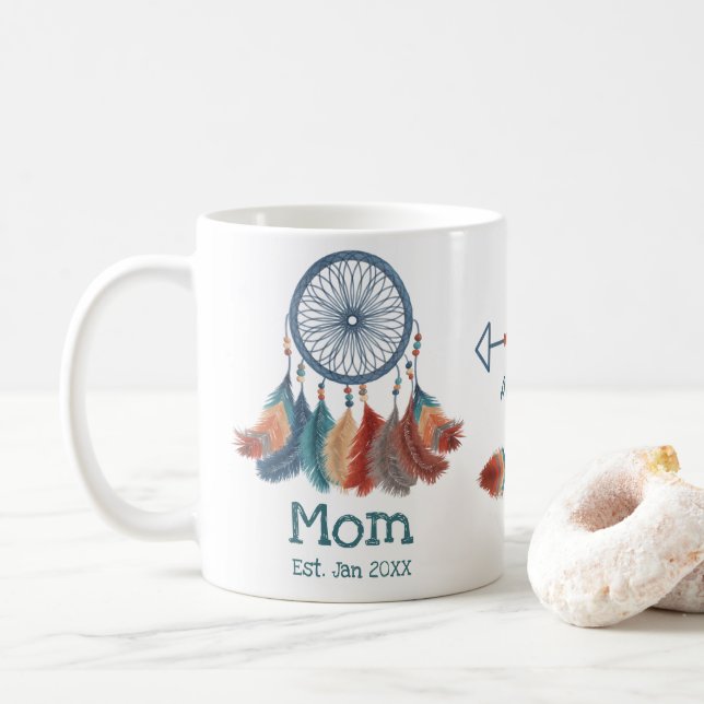 Boho Retro Dreamcatcher Mom Established Date Coffee Mug (With Donut)