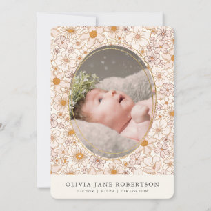 Boho Retro Floral Girl Photo Birth Announcement