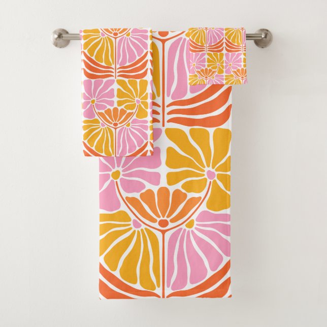Boho Retro Floral Pink Orange Mustard Bath Towel Set (Insitu)