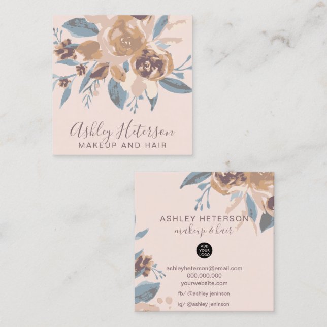 Boho retro floral watercolor makeup hair logo square business card (Front/Back)