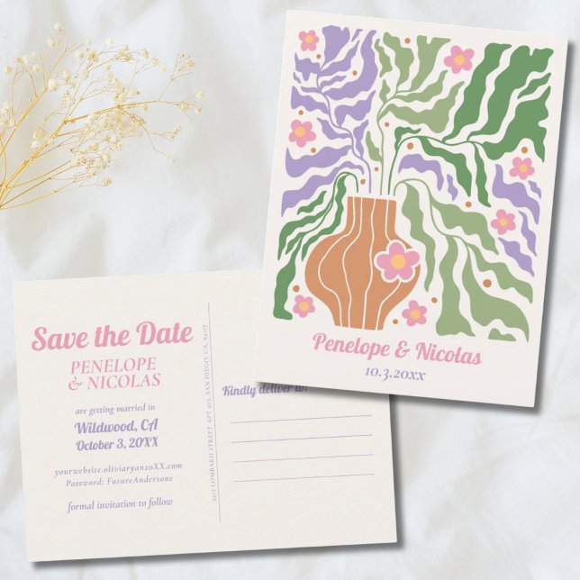 Boho Retro Floral Wedding Save the Date Postcard (Boho Retro Floral Wedding Save the Date Postcard)