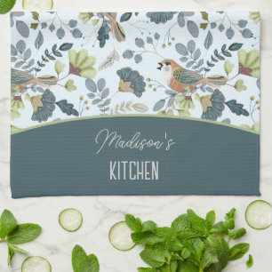 Boho Retro Flower And Birds Pattern Name Kitchen Towel