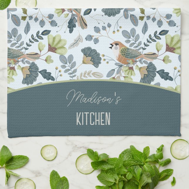 Boho Retro Flower And Birds Pattern Name Kitchen Towel (Folded)
