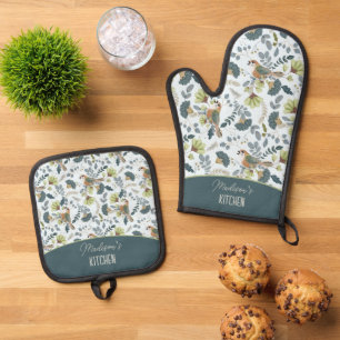 Boho Retro Flower And Birds Pattern Name Oven Mitt & Pot Holder Set