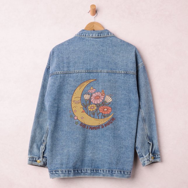Boho Retro Flowers Moon Summer Vibe Take A Moment Denim Jacket (Hangar)