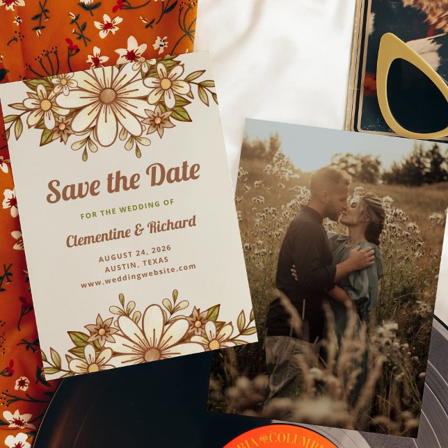 Boho Retro Flowers | Photo Back Wedding Save The Date (A retro-inspired wedding save the date card with vintage style flowers and typography and your photo)