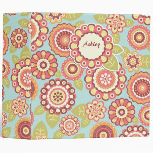 Boho Retro Funky Flowers Floral Pattern (Blue) Binder