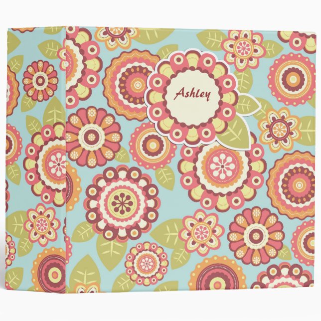 Boho Retro Funky Flowers Floral Pattern (Blue) Binder (Front/Spine)