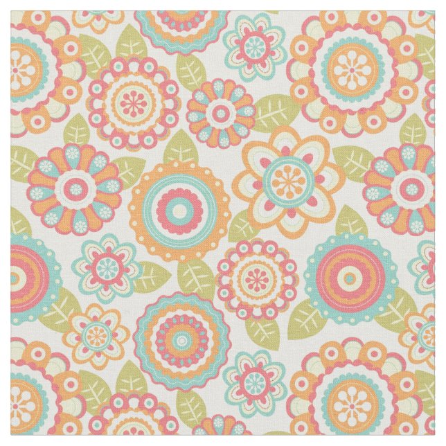 Boho Retro Funky Flowers Floral Pattern (Cream) Fabric (Close Up)