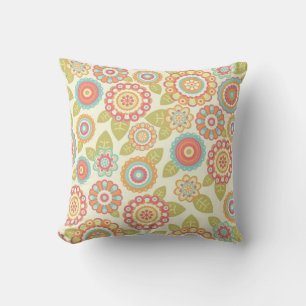 Boho Retro Funky Flowers Floral Pattern (Cream) Throw Pillow