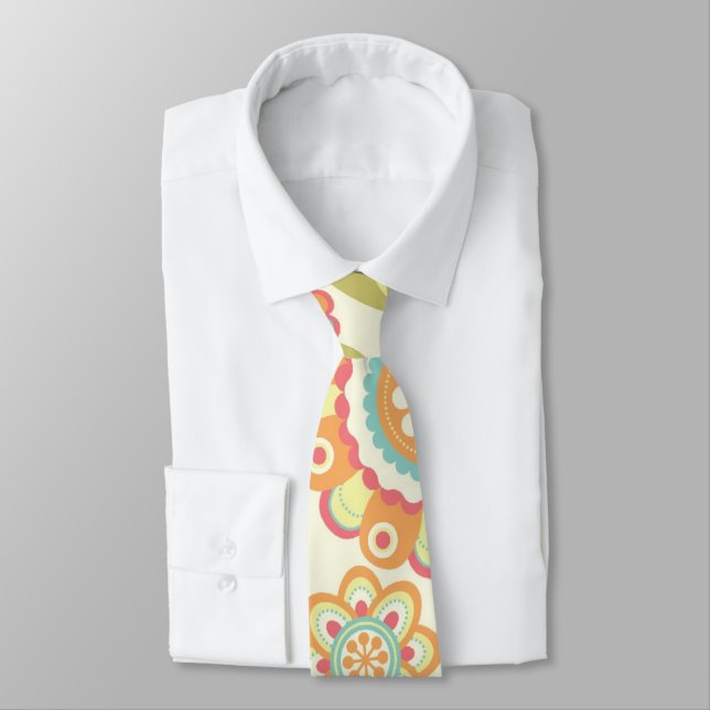 Boho Retro Funky Flowers Floral Pattern (Cream) Tie (Tied)