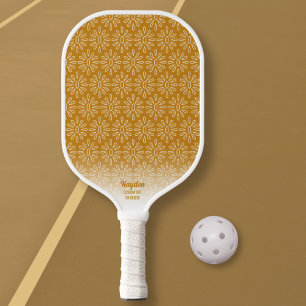 Boho Retro Golden Floral Pattern Custom Text Pickleball Paddle
