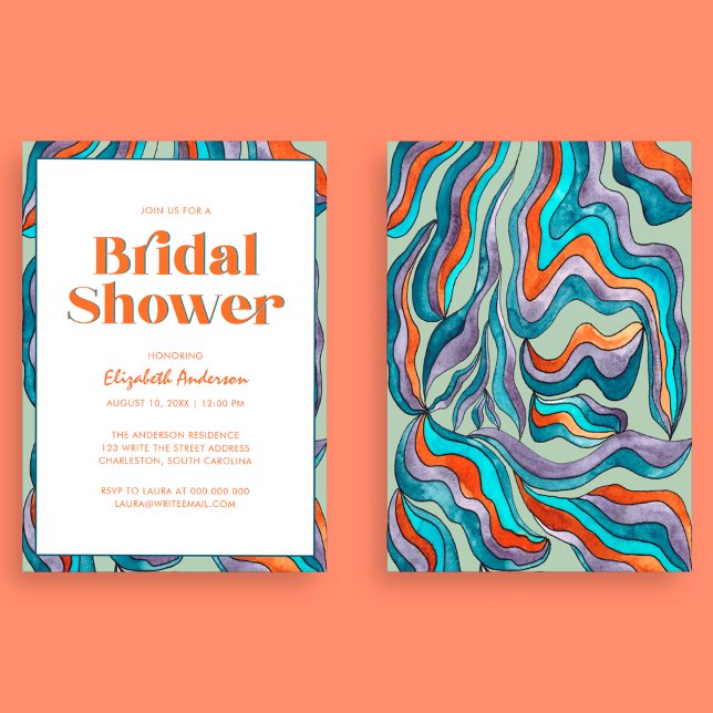 Boho Retro Green Typography Wavy Bridal Shower Invitation (Front and Back)