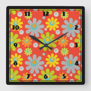 Boho Retro Grey/Green/Yel/Orange Daisies On Red Square Wall Clock