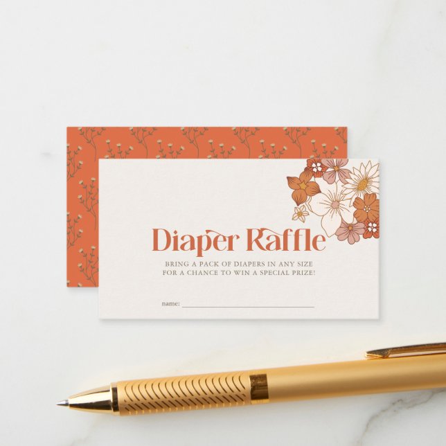 Boho Retro Groovy Floral Girl Diaper Raffle Ticket Enclosure Card (Front/Back In Situ)