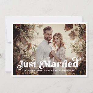 Boho Retro Just Married 3 Photo Announcement Card