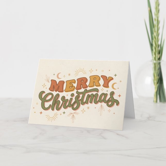 Boho Retro Merry Christmas Greeting Card (Front)