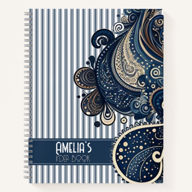 Boho Retro Paisley Blue Stripes Idea Notebook (Front)