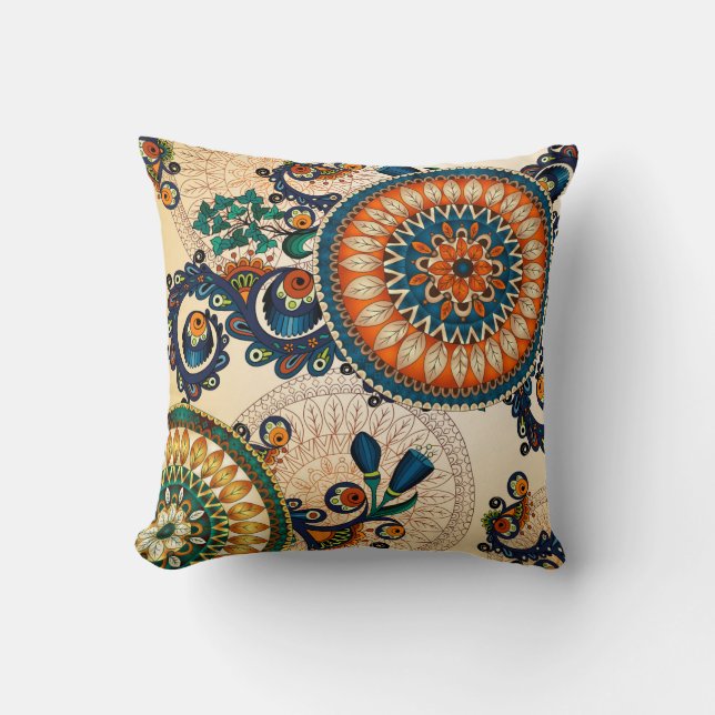 Boho Retro Paisley Circle Abstract Colourful Throw Pillow (Front)