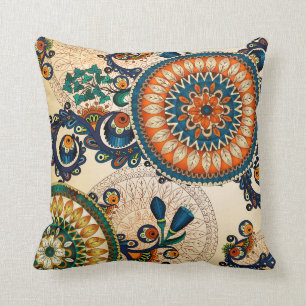Boho Retro Paisley Circle Abstract Colourful Throw Pillow