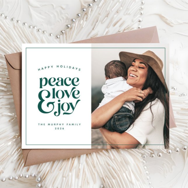 Boho Retro Peace Love Joy Photo Christmas Card (Creator Uploaded)