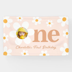 Boho Retro Pink Daisy First Birthday Photo  Banner