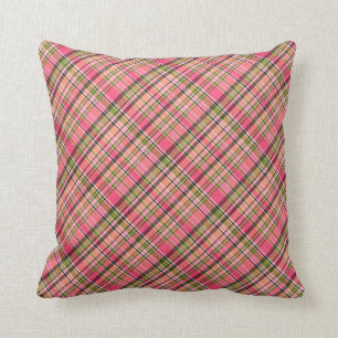 Boho Retro Pink/Green Plaid Reversible Cotton Throw Pillow