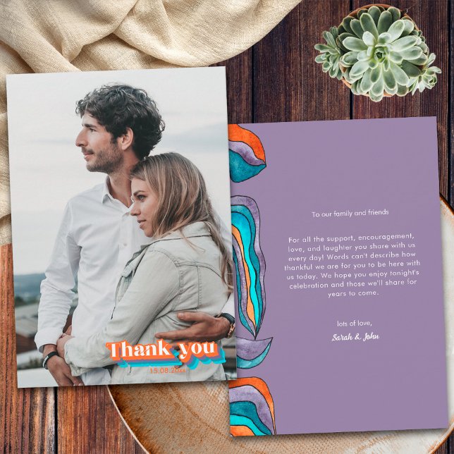 Boho Retro Purple Blue Orange Typography Wavy Thank You Card (Front and Back)