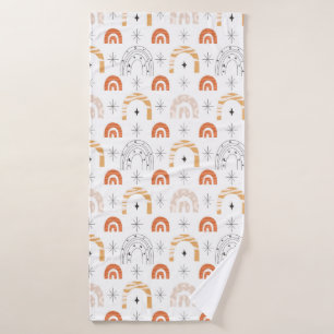 Boho retro rainbow line art moon stars bath towel