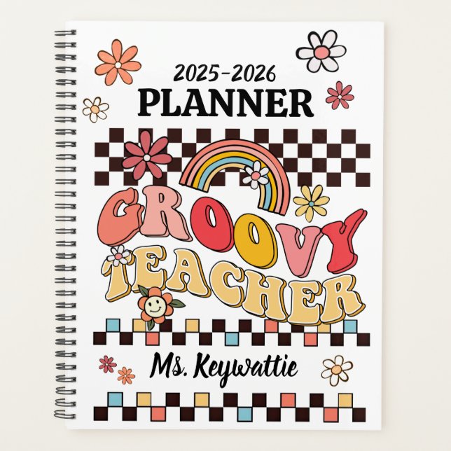 Boho retro rainbows groovy teacher planner school (Front)
